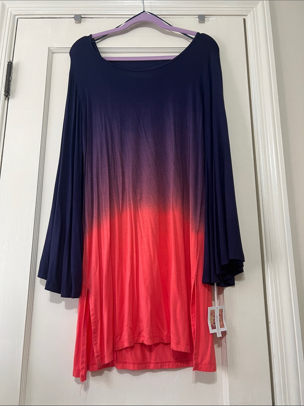 Marina Luna Navy to Coral Ombre Long-Sleeve Tunic/Cover-up